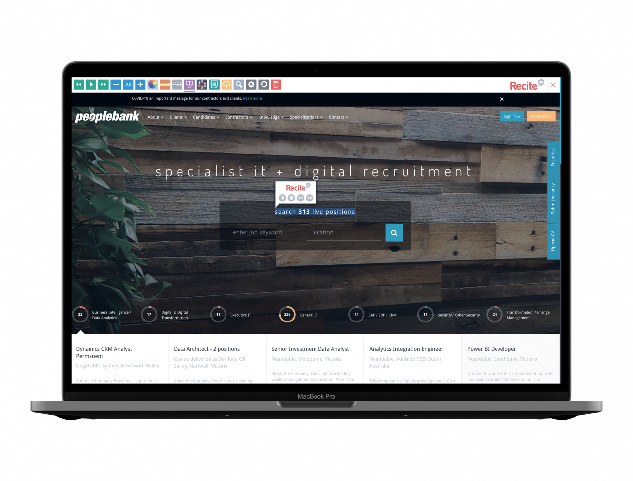 Peoplebank website with the Recite Me toolbar launched
