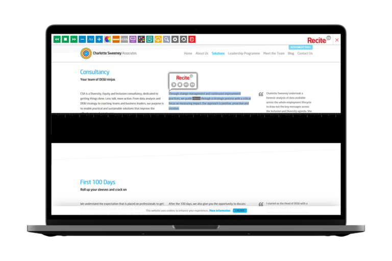 Laptop with Charlotte Sweeney Associates website using the Recite Me assistive toolbar