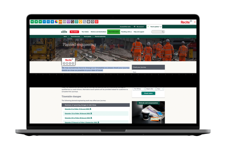 Laptop with great western railway website using the Recite Me assistive toolbar