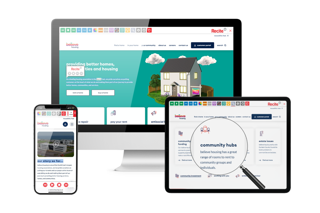 Desktop, mobile and tablet with Believe Housing website using the Recite Me assistive toolbar