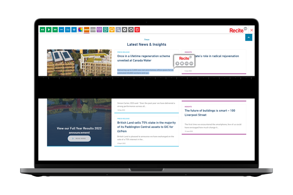 Laptop with British Land website using the Recite Me assistive toolbar