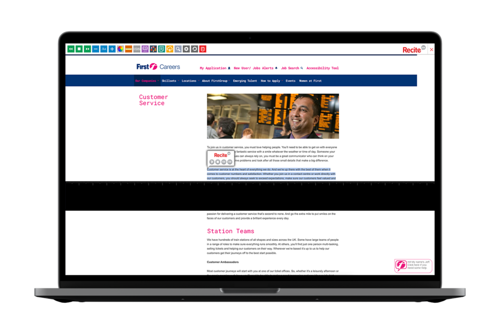Laptop with First Rail website using the Recite Me assistive toolbar