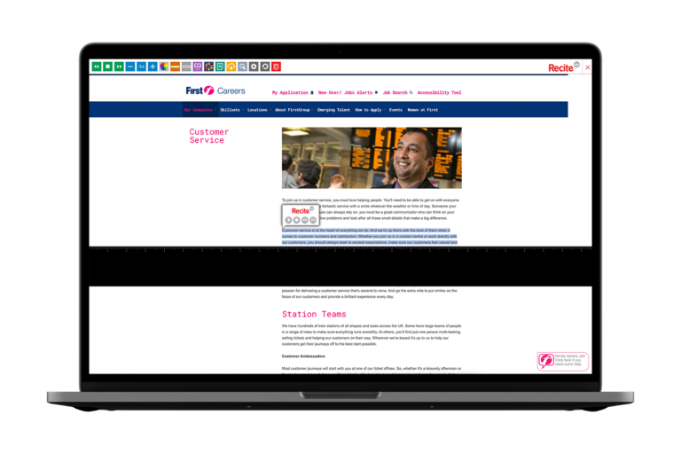 Laptop with First Rail website using the Recite Me assistive toolbar