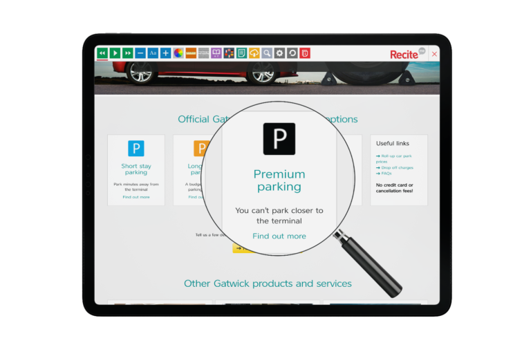 Tablet with Gatwick Airport website using the Recite Me assistive toolbar