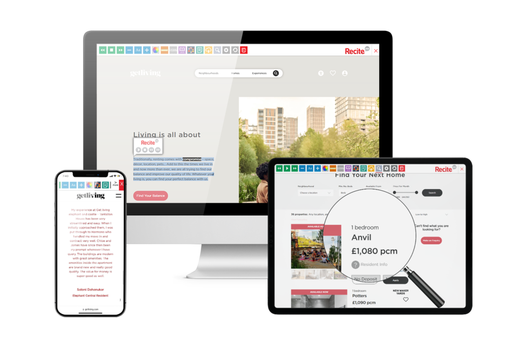 Desktop, mobile and tablet with Get Living website using the Recite Me assistive toolbar