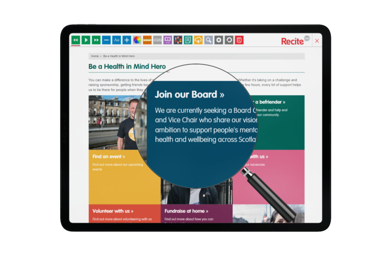 Tablet with Health In Mind website using the Recite Me assistive toolbar