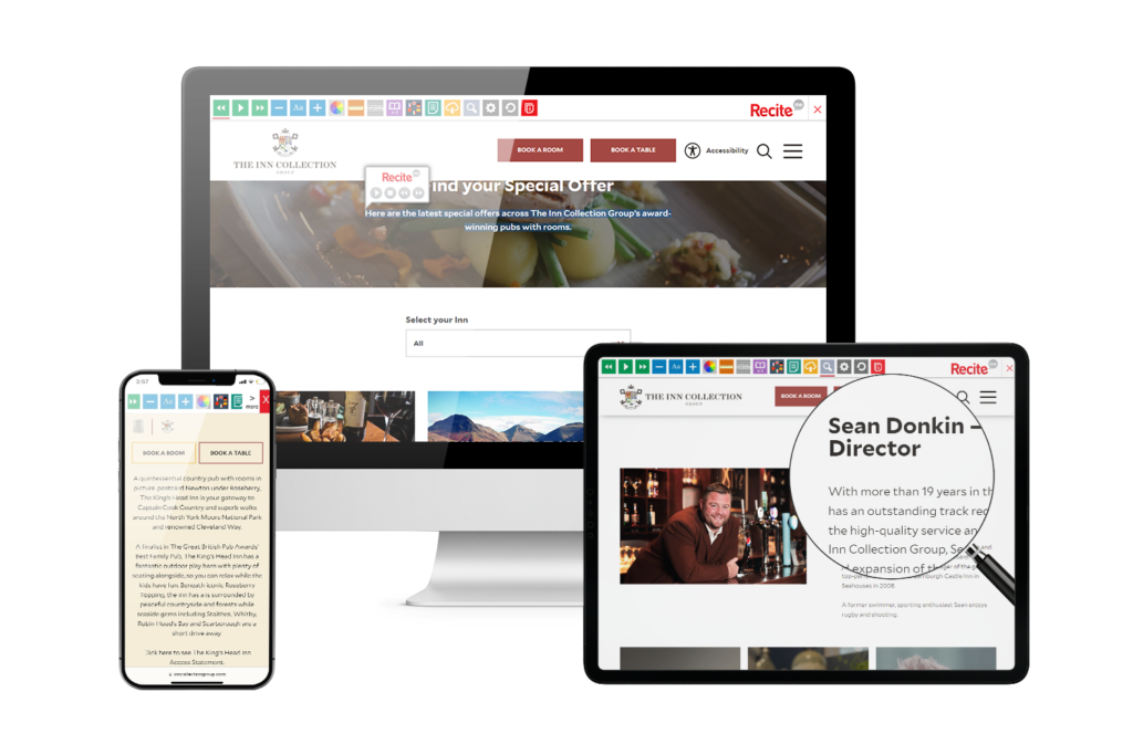 Desktop, mobile and tablet with The Inn Collection website using the Recite Me assistive toolbar