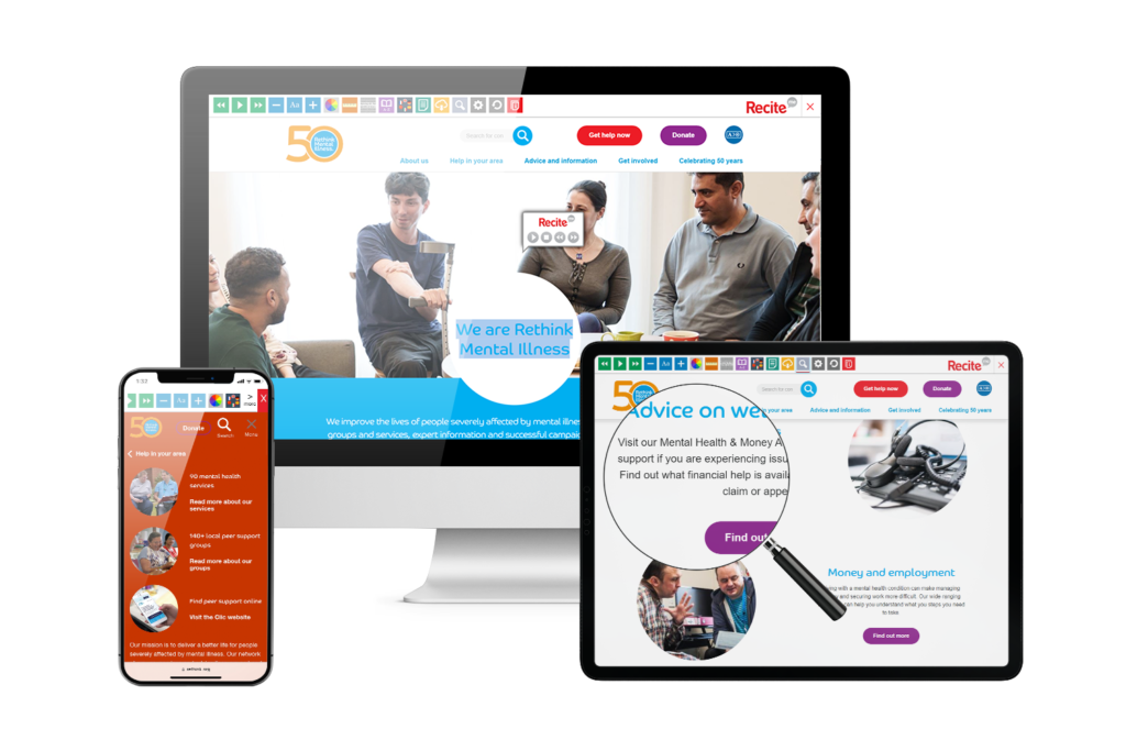 Desktop, mobile and tablet with Rethink Mental Illness website using the Recite Me assistive toolbar