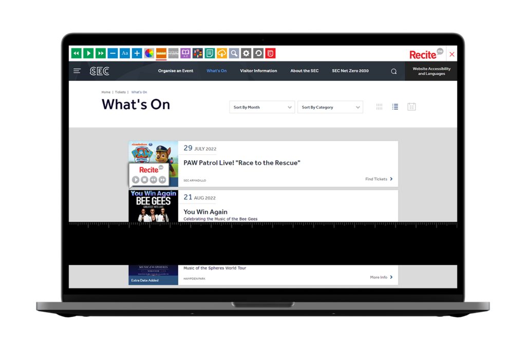 Laptop with Scottish Event Campus website using the Recite Me assistive toolbar