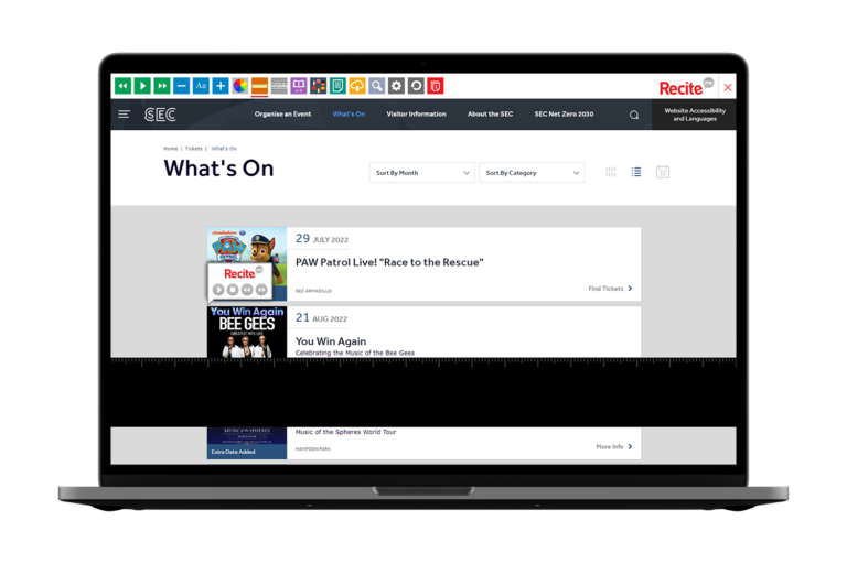 Laptop with Scottish Event Campus website using the Recite Me assistive toolbar