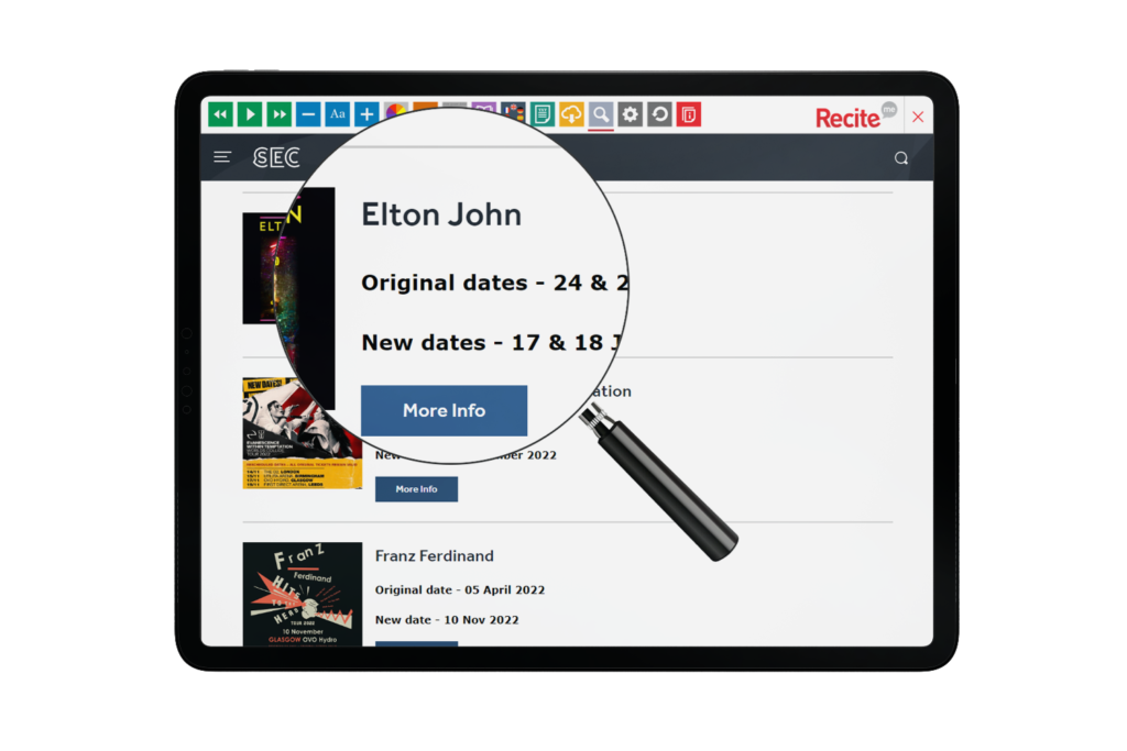Tablet with Scottish Event Campus website using the Recite Me assistive toolbar