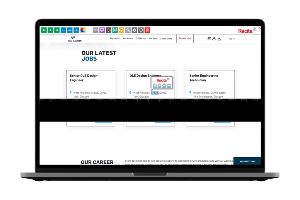 Laptop with SNC Lavalin website using the Recite Me assistive toolbar