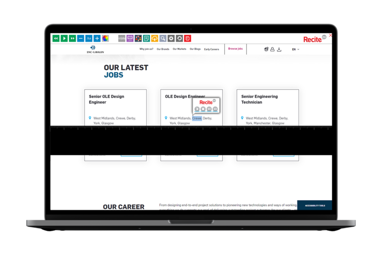 Laptop with SNC Lavalin website using the Recite Me assistive toolbar