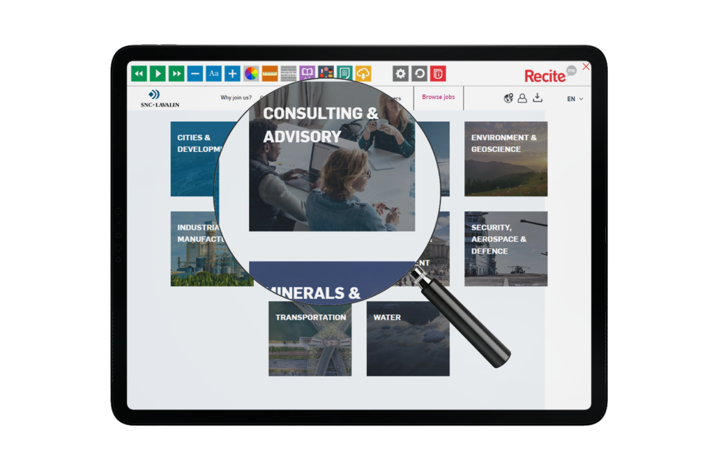 Tablet with SNC Lavalin website using the Recite Me assistive toolbar