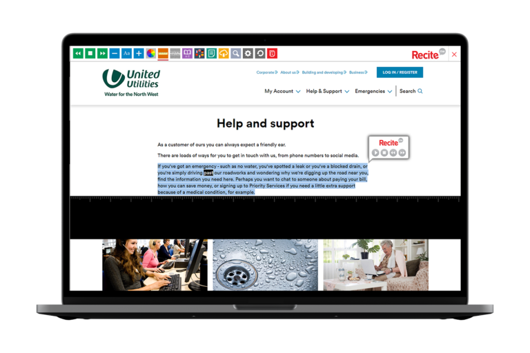 Laptop with United Utilities website using the Recite Me assistive toolbar