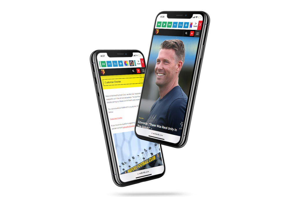 Mobiles with Watford Football Club website using the Recite Me assistive toolbar