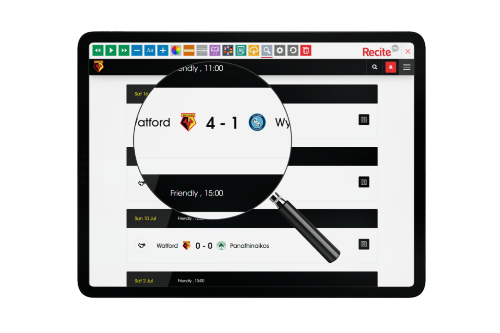 Tablet with Watford Football Club website using the Recite Me assistive toolbar