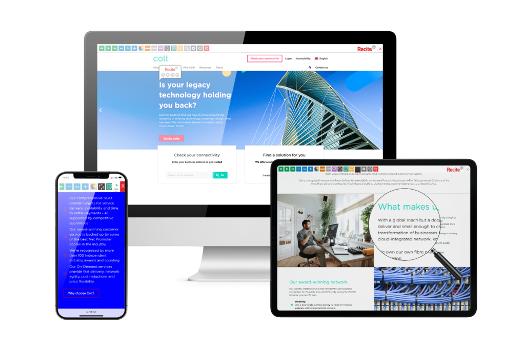 Desktop, mobile and tablet with Colt website using the Recite Me assistive toolbar