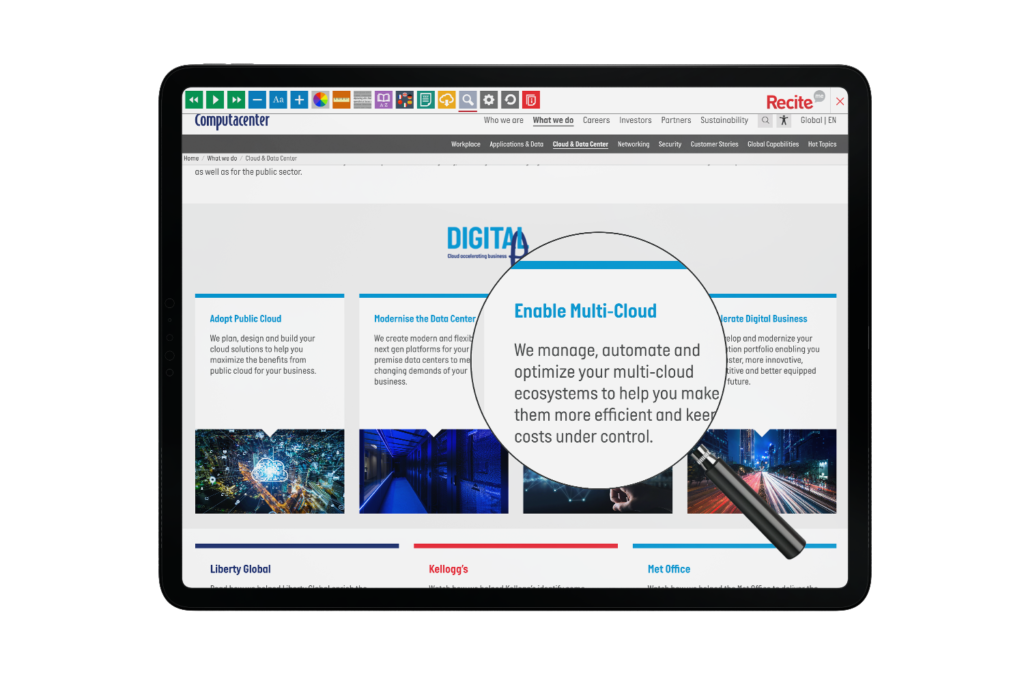 Tablet with Computacenter website using the Recite Me assistive toolbar