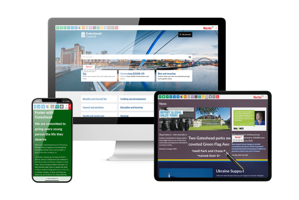 Desktop, mobile and tablet with Gateshead Council website using the Recite Me assistive toolbar