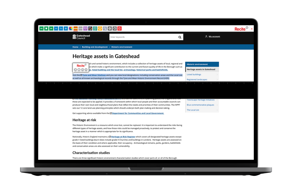 Laptop with Gateshead Council website using the Recite Me assistive toolbar
