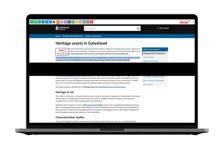 Laptop with Gateshead Council website using the Recite Me assistive toolbar