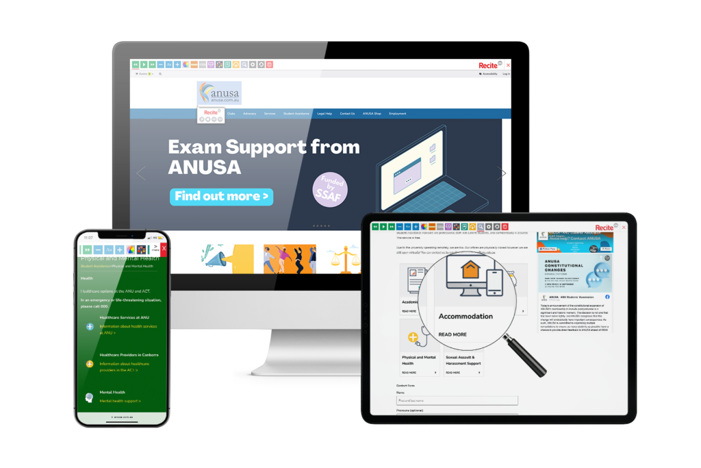 ANUSA website on multiple devices with Recite me open on screen