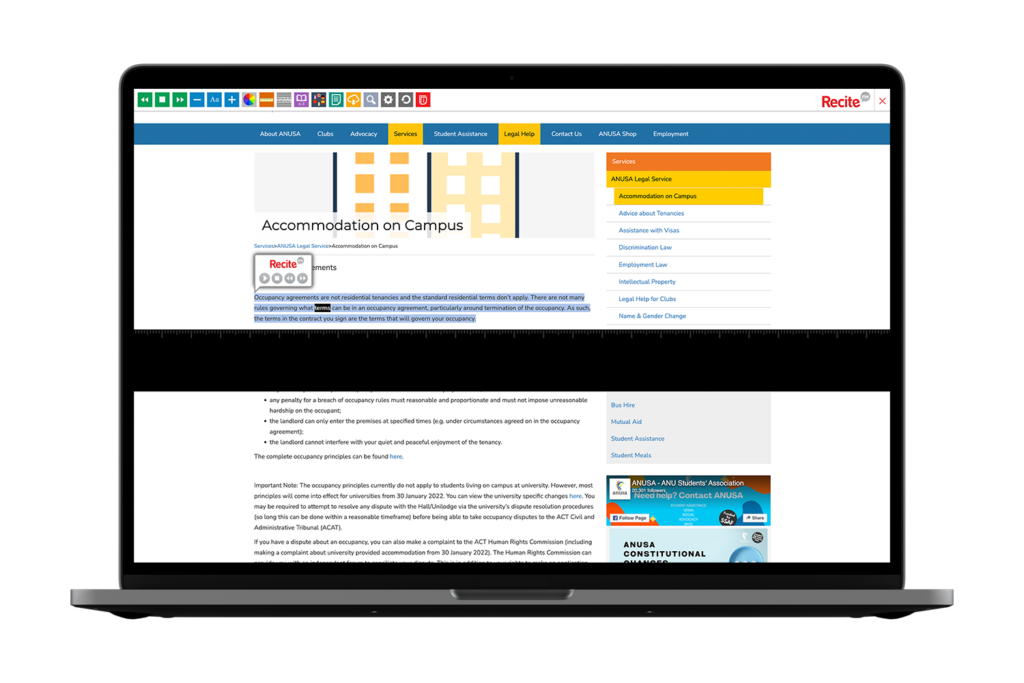 ANUSA website on laptop screen with Recite Me open