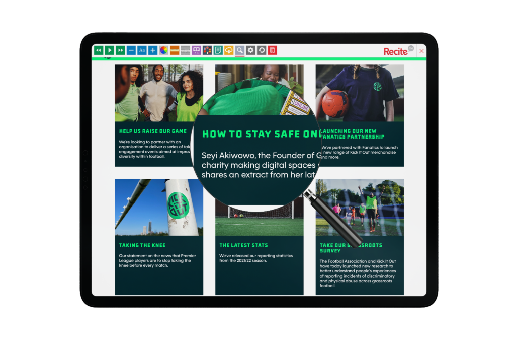 Kick It Out website with Recite Me on tablet screen