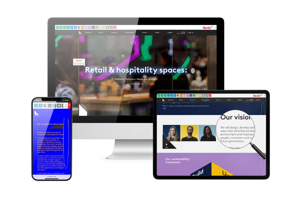 Landsec website with Recite Me on multiple screens