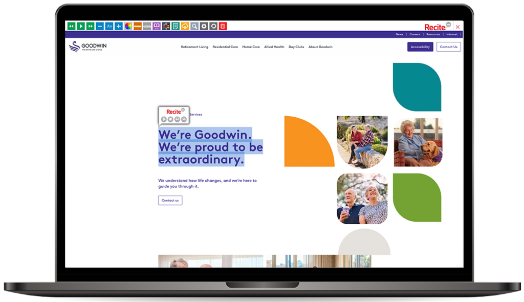 Mock-up of the Recite Me toolbar being used on the Goodwin website