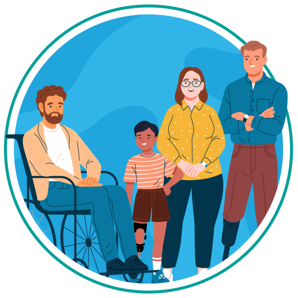 decorative cartoon illustration of 5 people of different ages, ethnicities and abilities