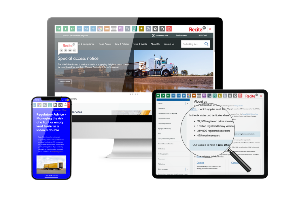NHVR website with the Recite Me toolbar onscreen