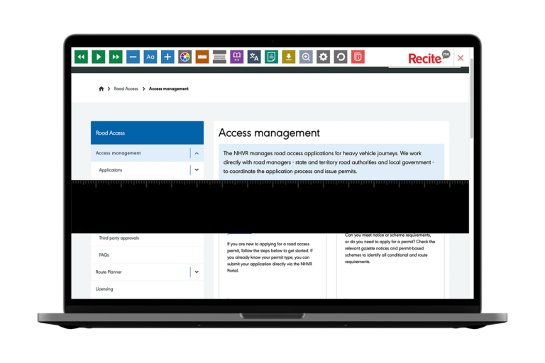 NHVR website open on a laptop with the Recite Me toolbar launched