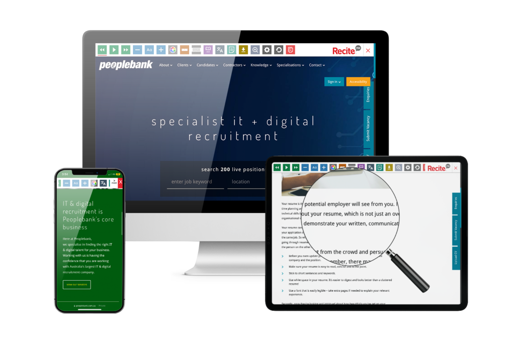 Peoplebank website with Recite being used on screen