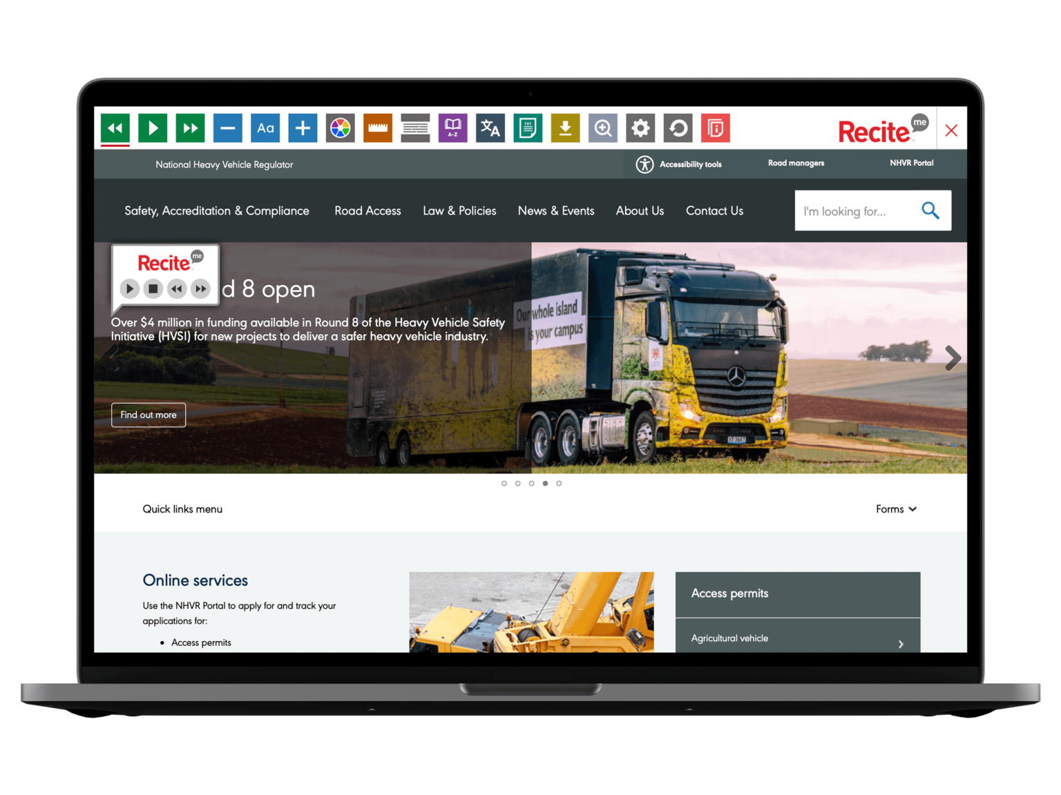 NHVR website open on a laptop with the Recite Me toolbar launched