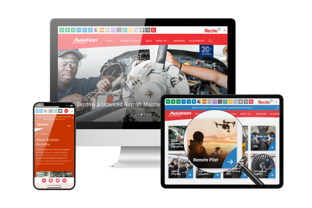 Aviation Aus website with Recite Me onscreen
