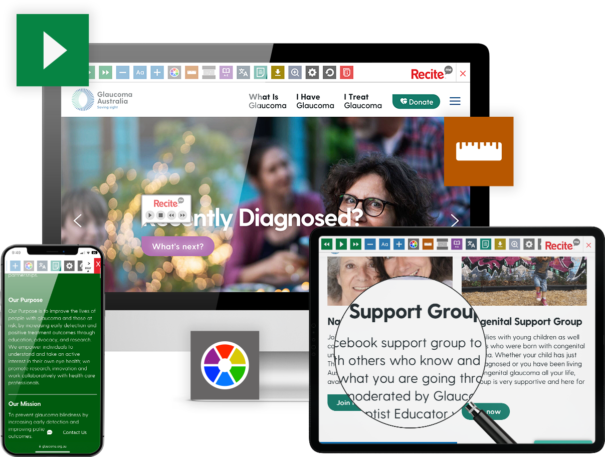 Glaucoma website with Recite Me technology being used on screen
