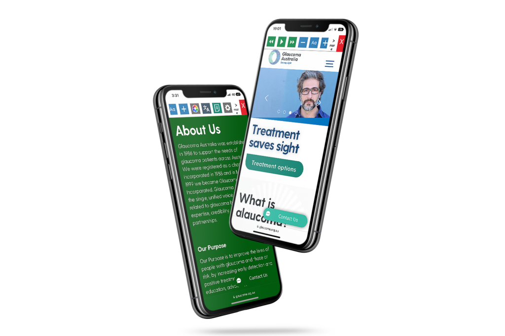 Glaucoma Australia website on a mobile with the Recite Me toolbar being used onscreen
