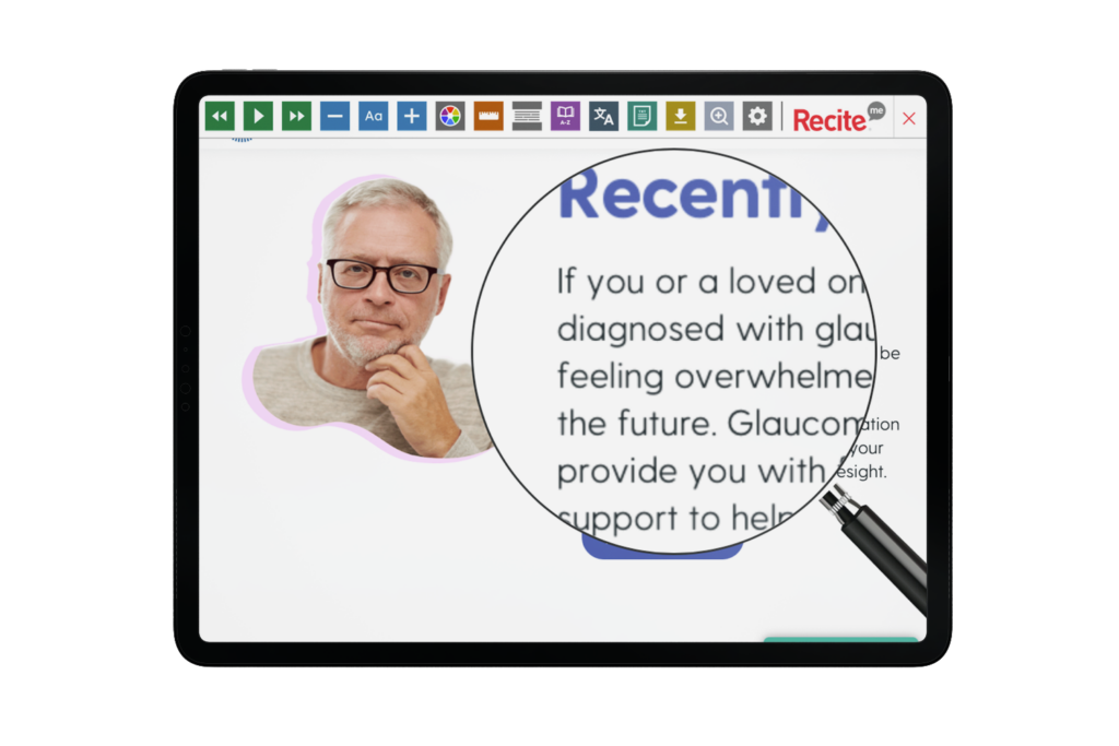 Glaucoma Australia website on a tablet with Recite Me technology being used on screen