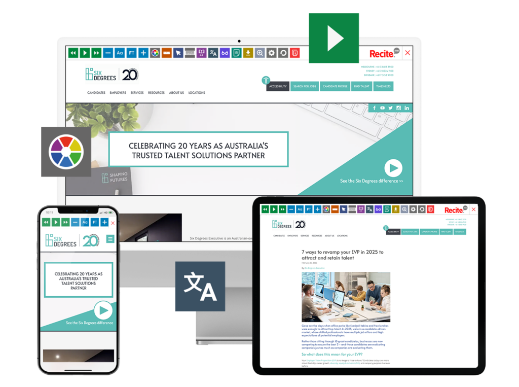 Mock-up of the Recite Me toolbar being used on the Six Degrees Executive website.