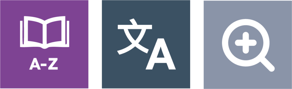 Dictionary, translation and magnifying icons