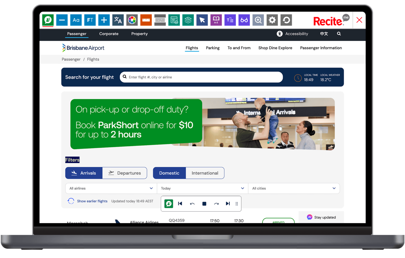 Mock-up of the Recite Me Toolbar being used on the Brisbane Airport website.