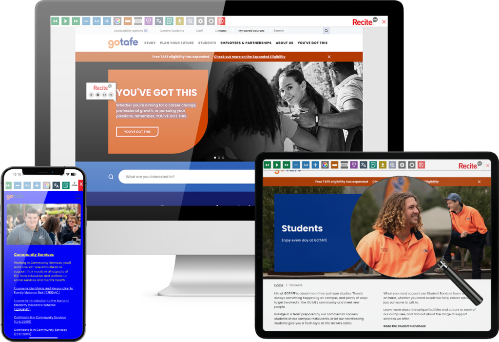 Mock-up of the Recite Me toolbar being used on the GOTAFE website
