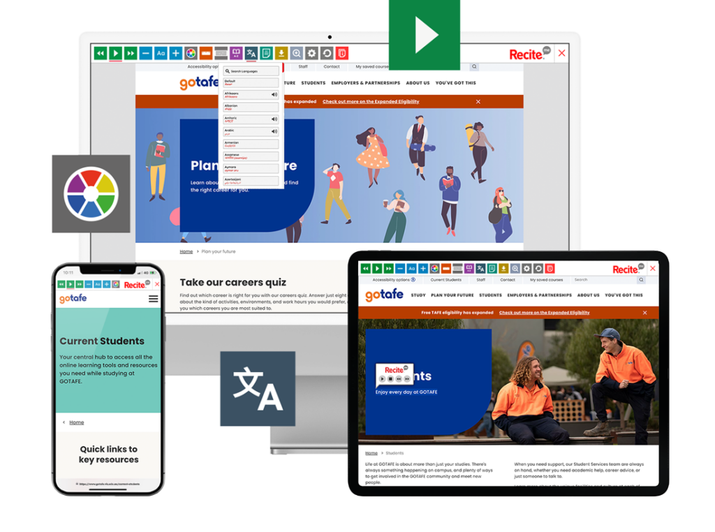 Mock-up of the Recite Me toolbar being used on the GOTAFE website