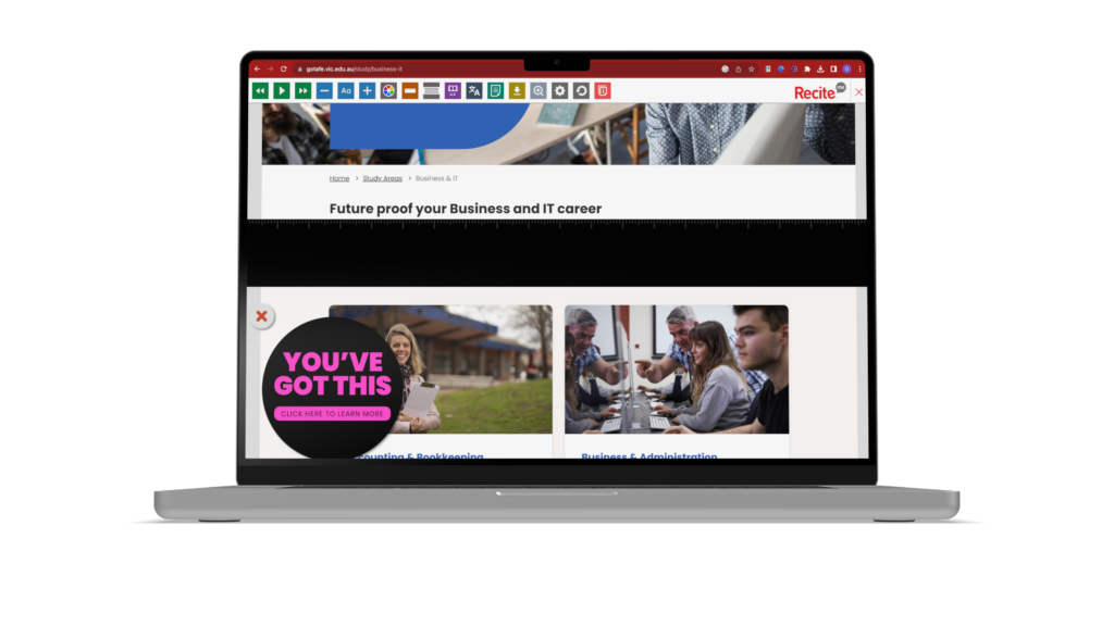 Mock-up of the Recite Me toolbar being used on the GOTAFE website