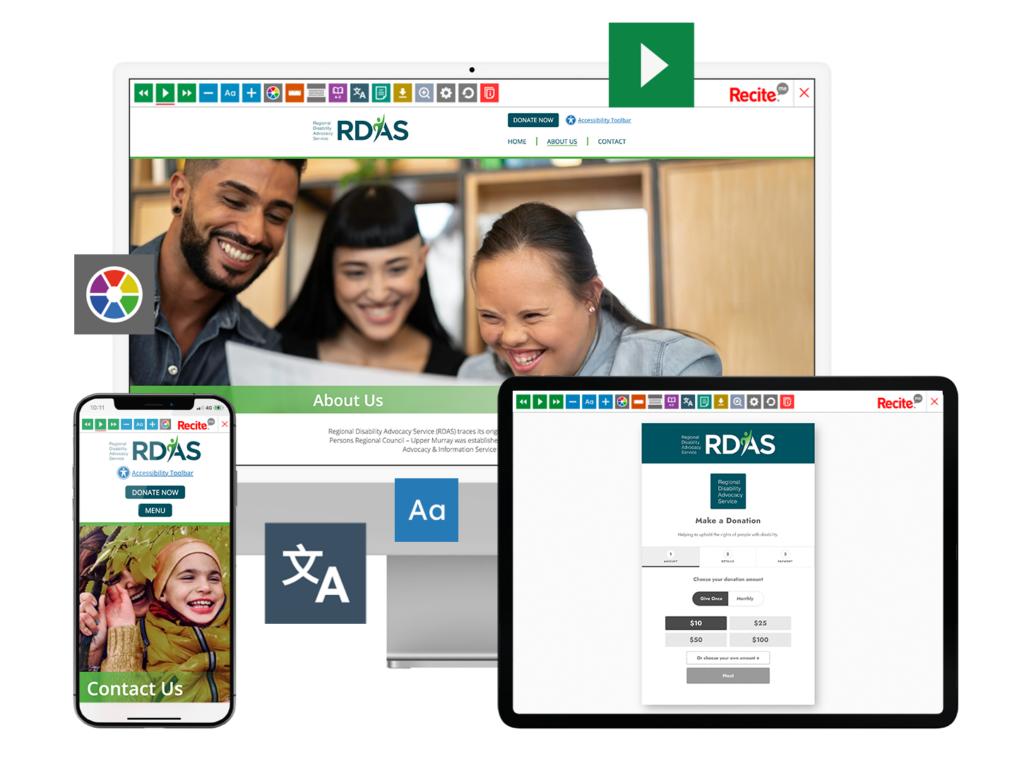 Mock-up of the Recite Me toolbar being used on the RDAS website