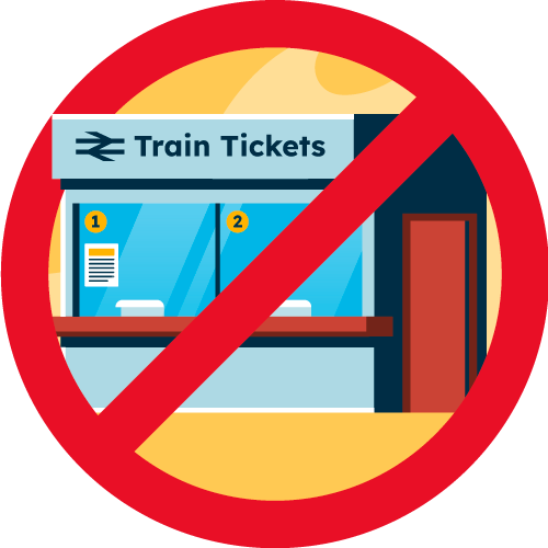 Animation of a train ticket office with a red cross across the screen.