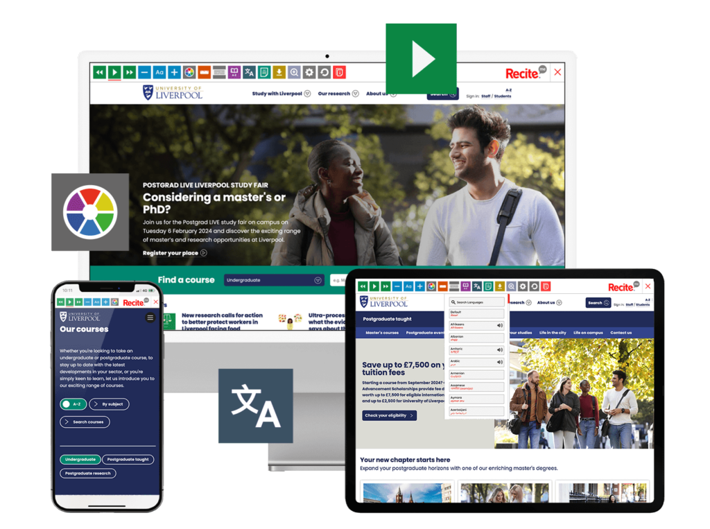Mock-up of the Recite Me toolbar being used on the University of Liverpool website