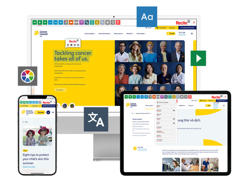 Mock-up of the Recite Me toolbar on the Cancer Care WA website across various devices.